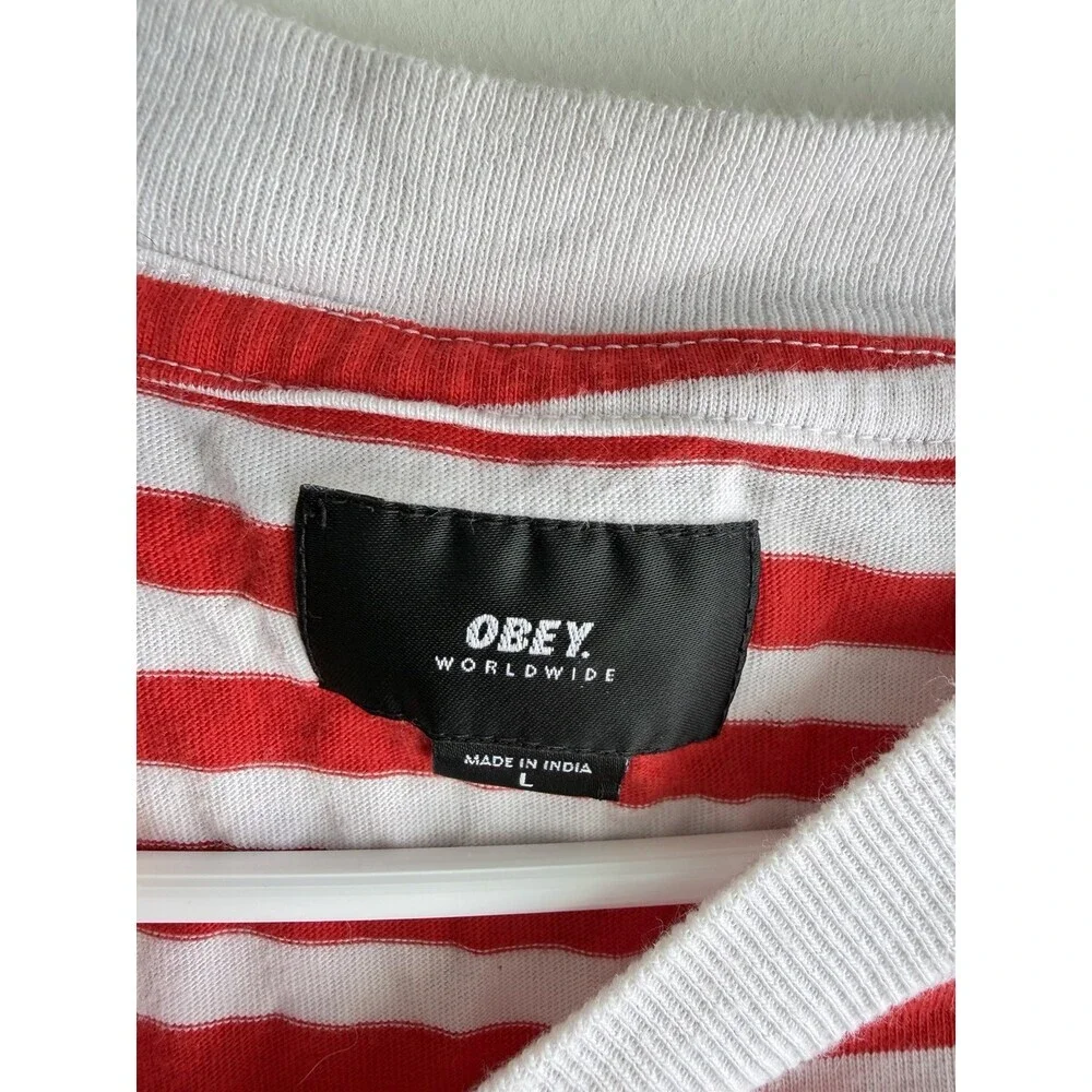 Obey Worldwide Men's Red/White Stripe Short Sleeve Shirt Green Embroidery Large